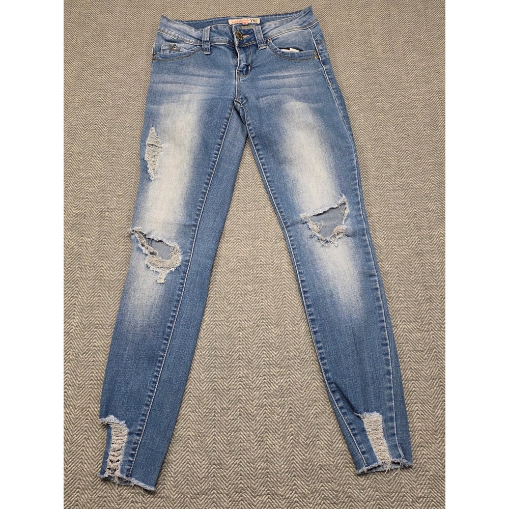 YMI WannaBettaButt Skinny Jeans Light Wash Distressed Ripped Raw Hem Size 1